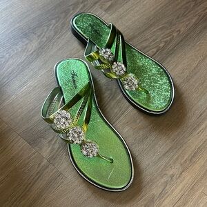 Metallic Green Sandals with Rhinestones